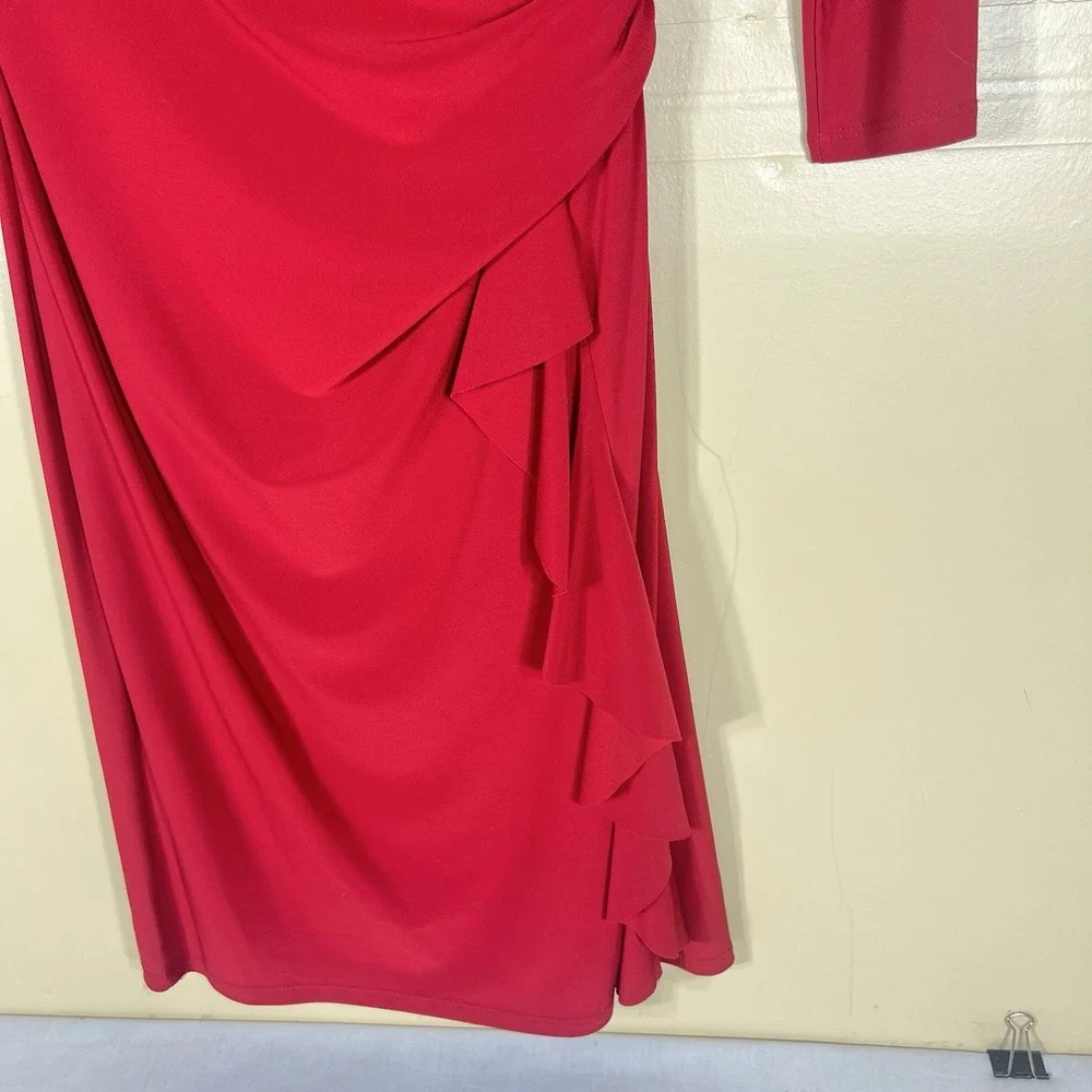 Lauren Ralph Lauren Dress Womens 2P Red Ruched Ruffle Sheath Midi 3/4 Sleeve